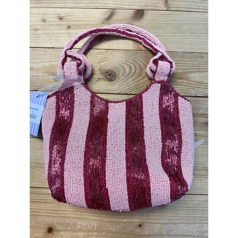 Handcrafted Pink Burgundy Striped Beaded Hobo Bag Small Evening Handbag India